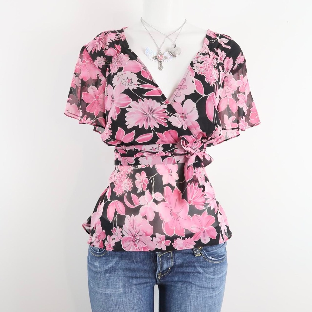 y2k pink floral wrap top first option L